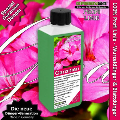 Geranien-Dünger 250 ml vor Pelargonienblüten