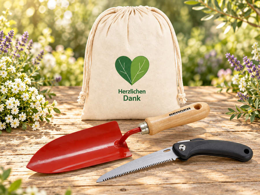 Rote BERGER-Pflanzschaufel mit Holzgriff und kompakte Gartensäge vor einem Herzlichen-Dank-Geschenkbeutel.