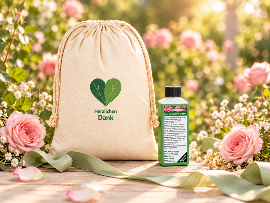 Geschenkbeutel Herzlichen Dank mit GREEN24 Rosendünger Blütentraum 250 ml und rosa Rosen auf einem Gartentisch.