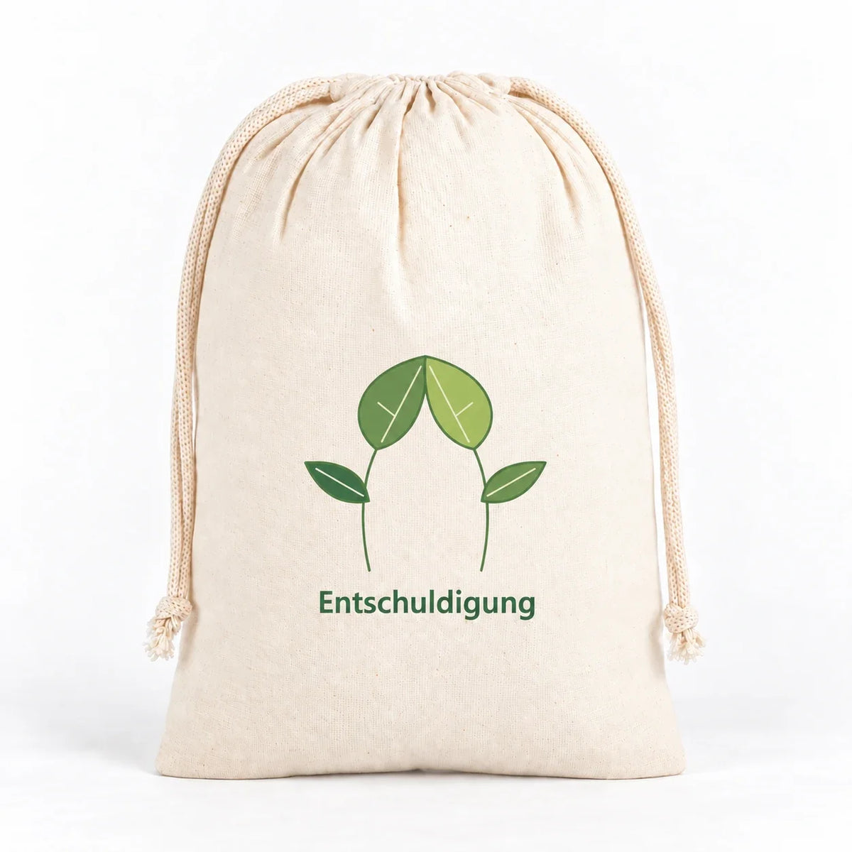 Naturfarbener Kordelzugbeutel mit zwei einander zugeneigten Blatttrieben und dem Schriftzug „Entschuldigung“.