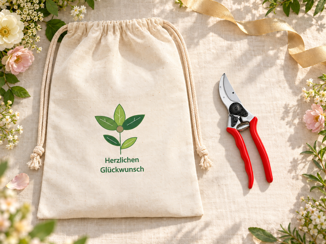 Ausgepackte FELCO 2 neben einem Geschenkbeutel Herzlichen Glückwunsch auf hellem Leinen mit Blüten.