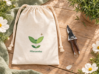 Geschenkbeutel mit Pflanzenfee-Motiv neben einer Gartenschere.