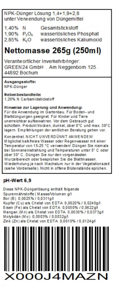 Hawaiipalmen-Dünger – maßgebliches deutsches Original-Rücketikett