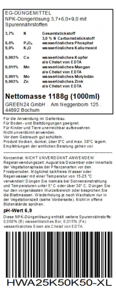 Herbst- und Winterdünger Kalium+ 1 Liter XL – Originaldeklaration