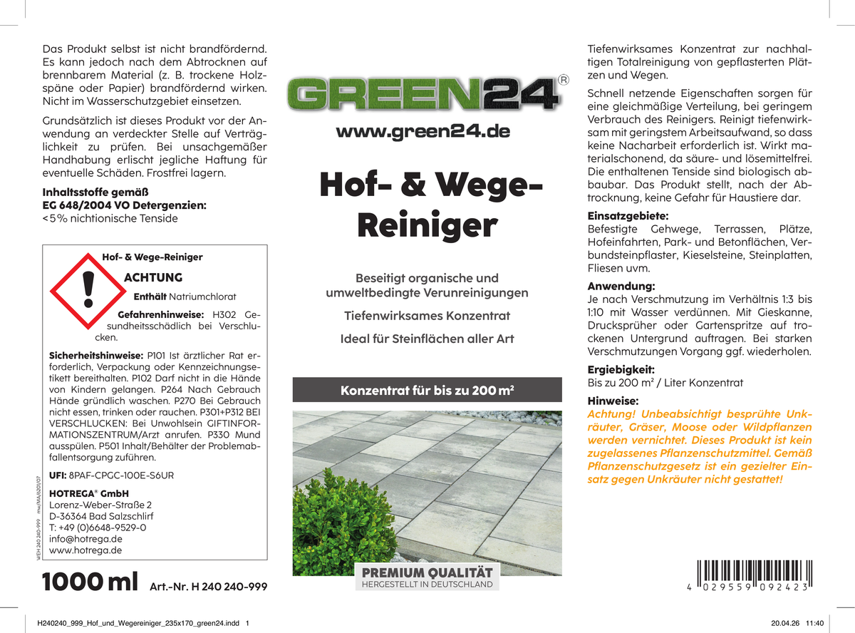 GREEN24 Hof- und Wegereiniger, Etikett der 1-Liter-Flasche mit Anwendung und Sicherheitshinweisen