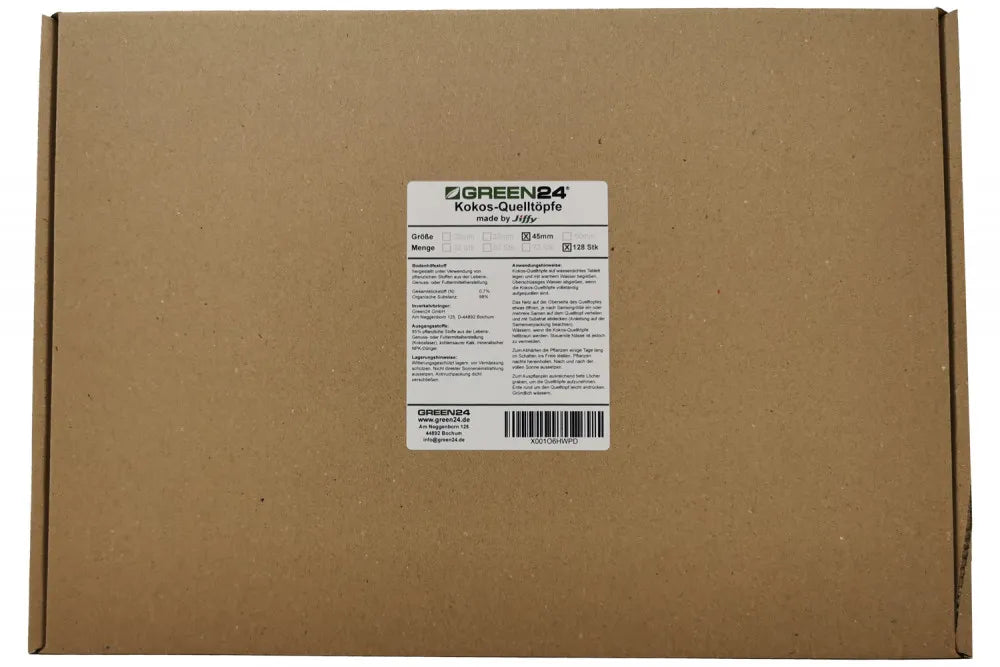 Jiffy Kokos-Quelltöpfe 45 mm – Originaldeklaration auf der Verpackung