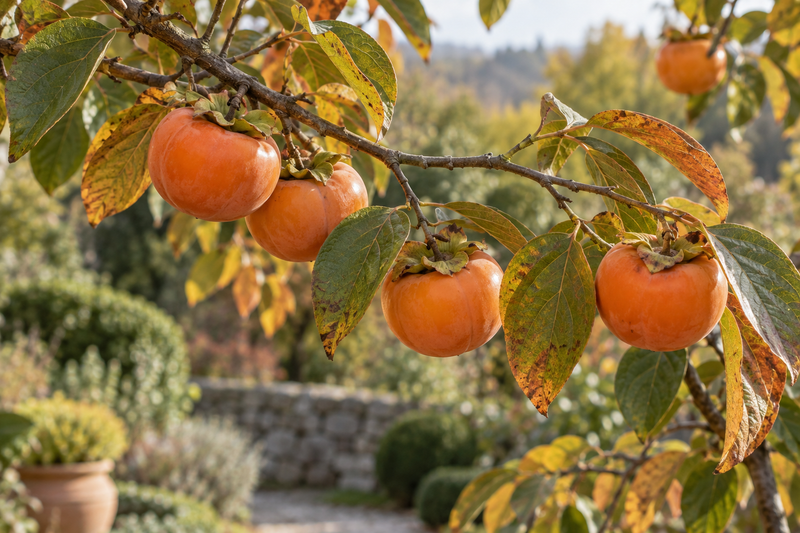 Reife Kakifrüchte am herbstlichen Zweig