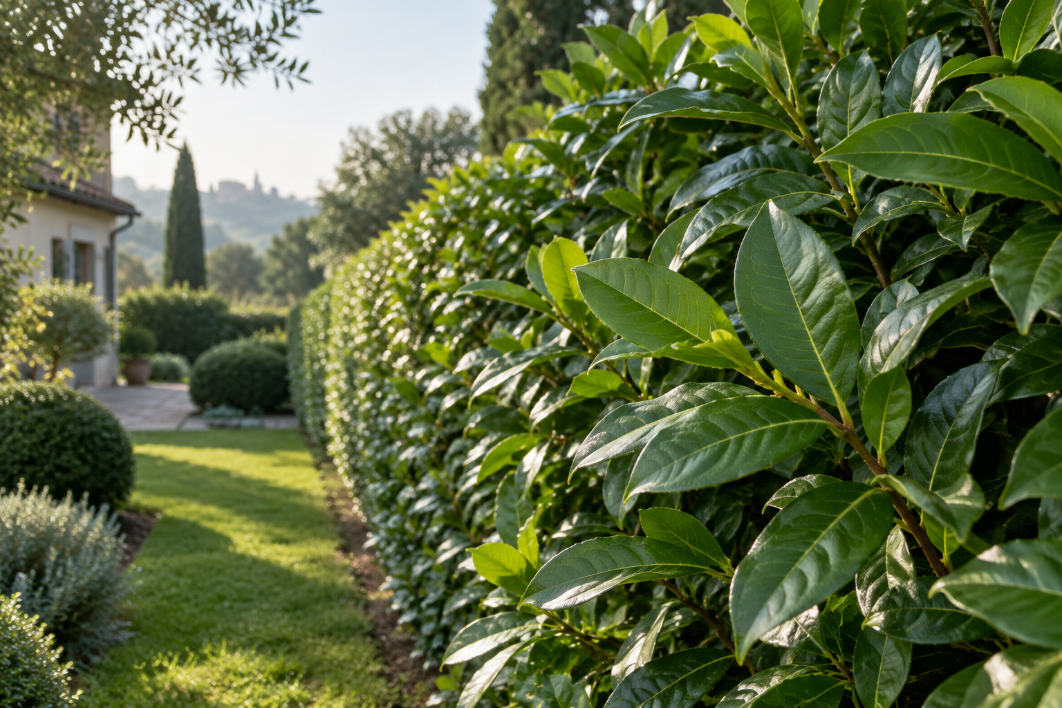 Fotografisch gestaltete Gartenszene mit belaubtem Kirschlorbeer.