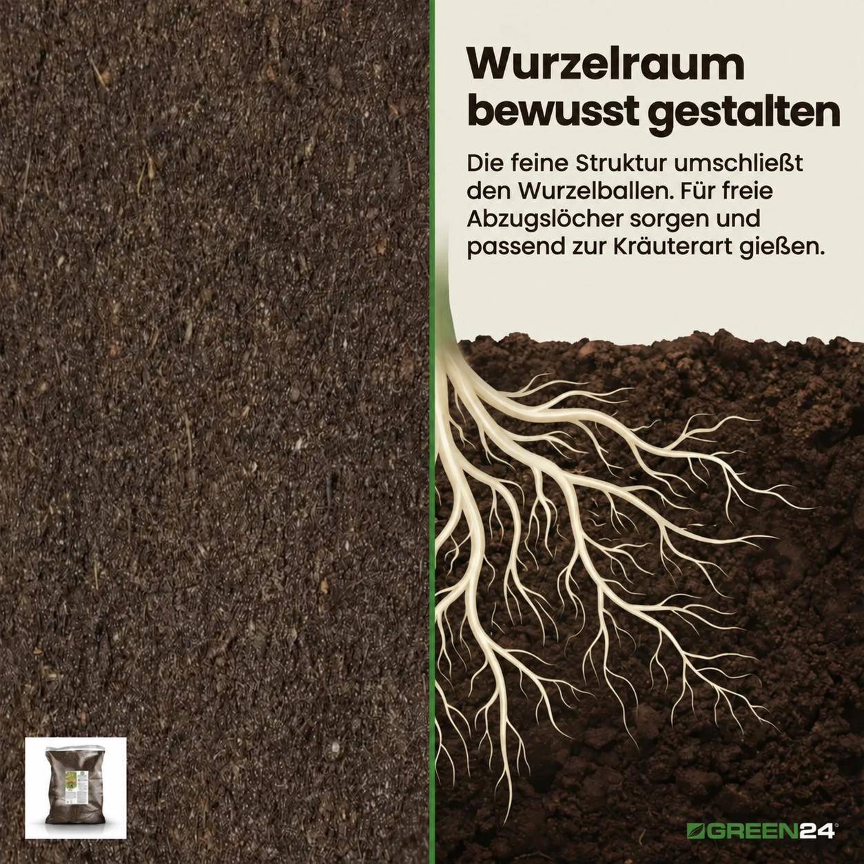 Root space and fine texture of herb compost
