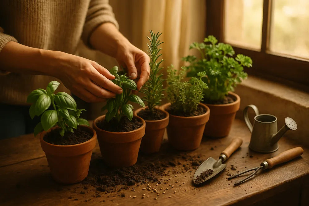 Caring for herbs on a windowsill