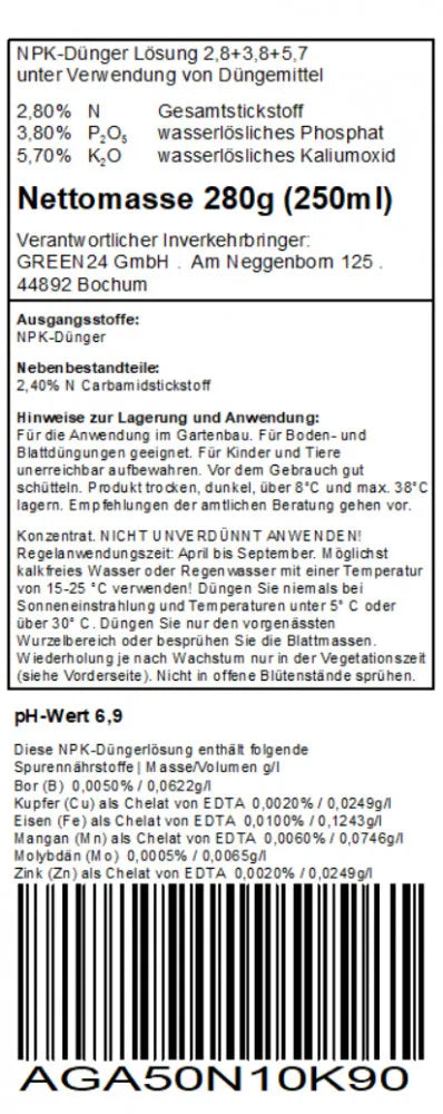 Schmucklilien-Dünger – Original-Rücketikett deutsch (250 ml)