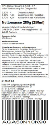 Schmucklilien-Dünger – Original-Rücketikett deutsch (250 ml)