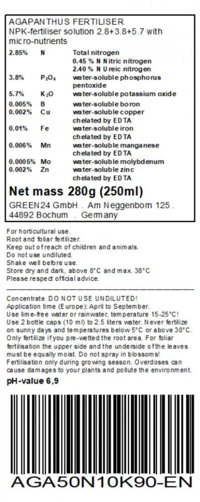 Schmucklilien-Dünger – Original-Rücketikett englisch (250 ml)