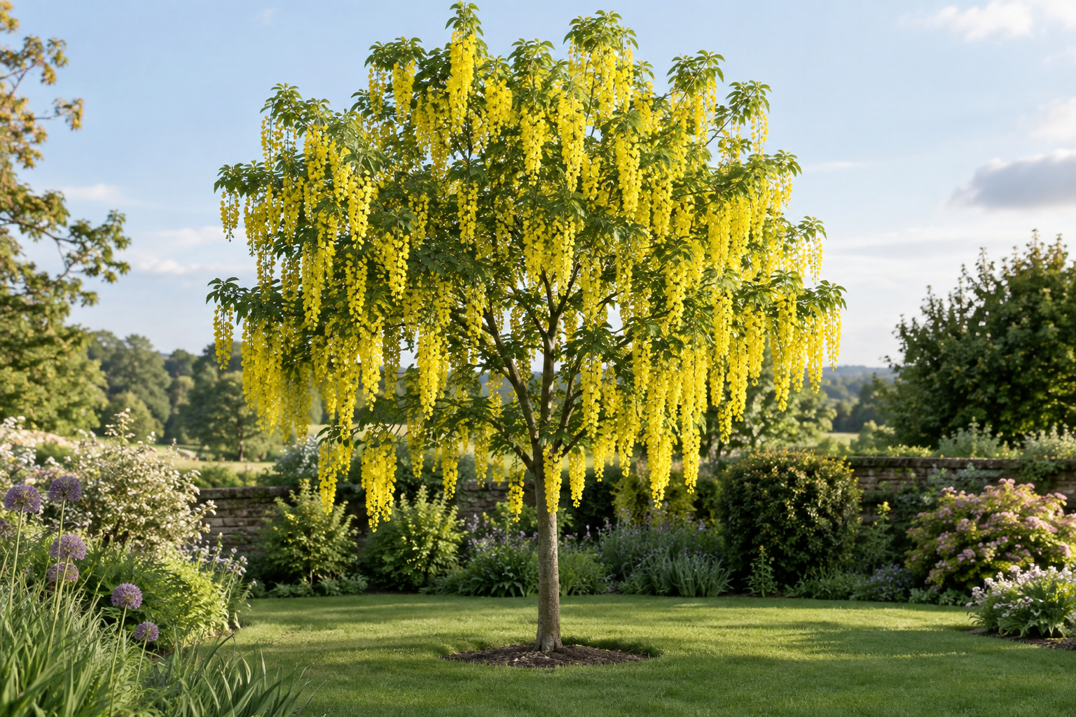 Goldregen mit gelben Blütentrauben als freistehender kleiner Baum