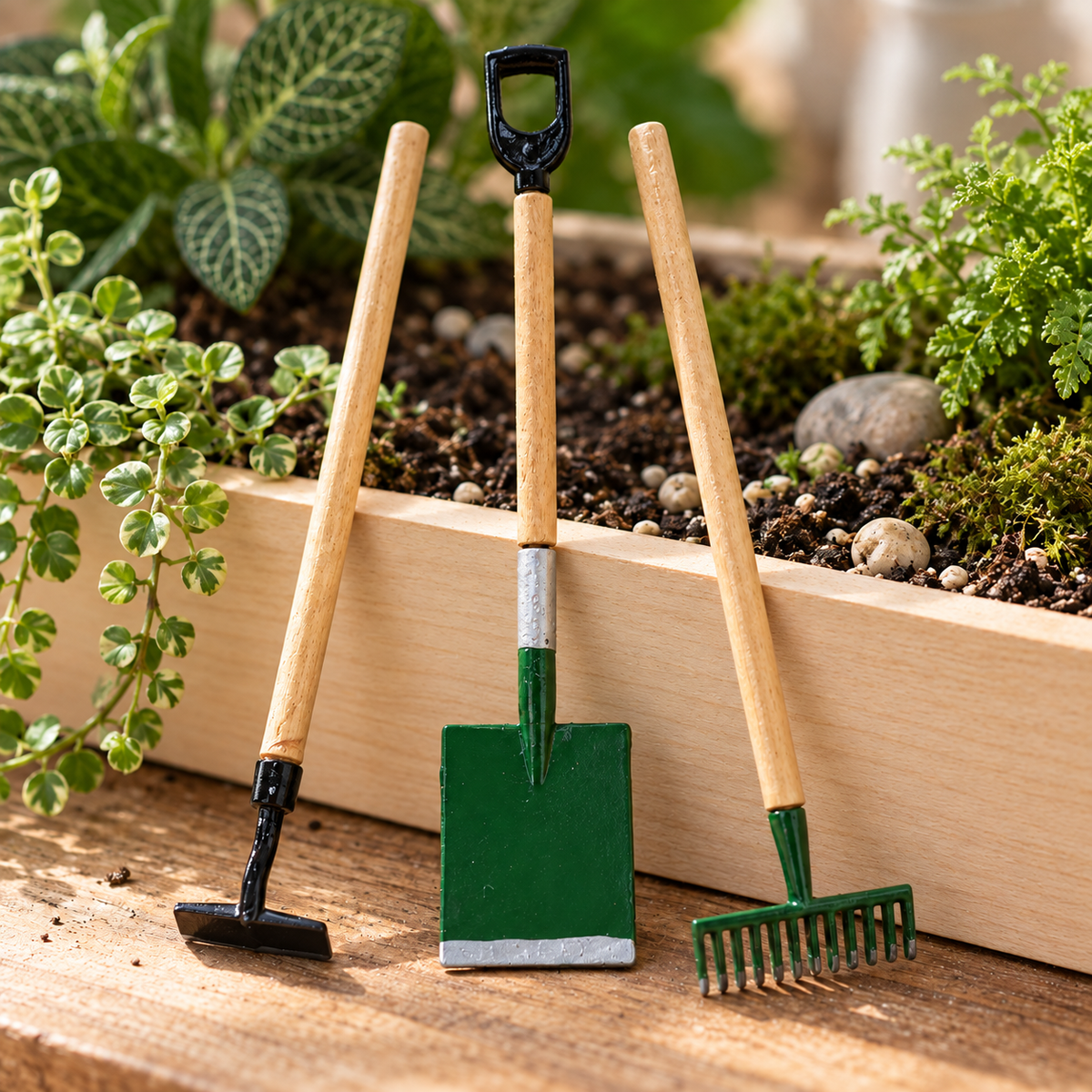 Design example: three miniature wooden and metal garden tools beside a light miniature garden frame