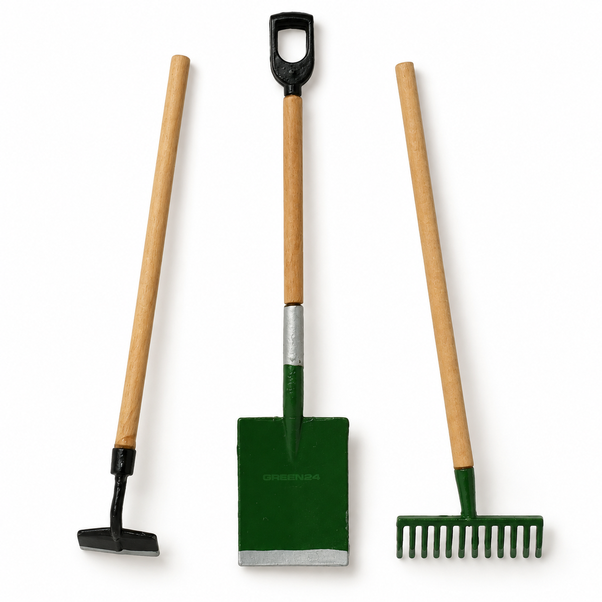 Three-piece miniature decorative tool set with spade, rake and hoe