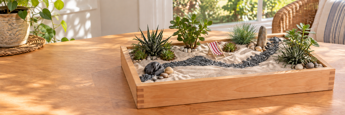 Minigarten-Gestaltungsbeispiel mit hellem Sand, Sukkulenten und Miniatur-Liegestuhl im flachen gezapften Holzrahmen