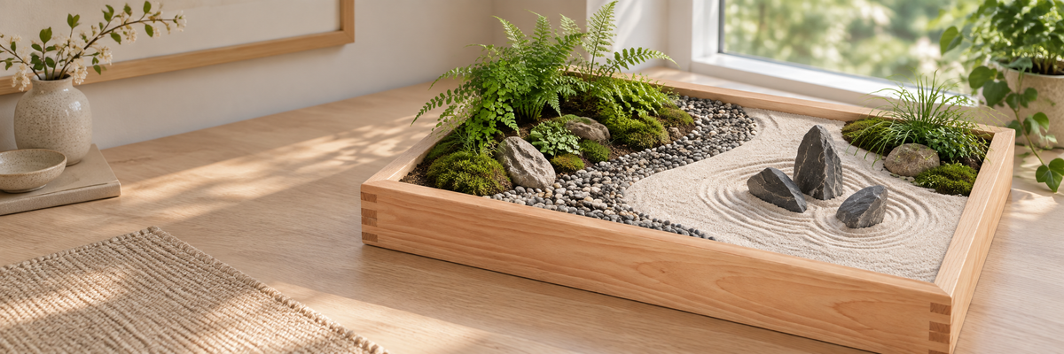 Zen-inspiriertes Minigartenbeispiel mit Sand, Natursteinen, Farn und Moos im flachen Holzrahmen