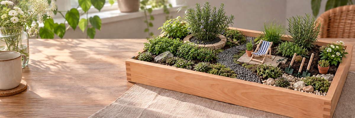 Kreatives Minigartenbeispiel mit kleinen Pflanzen, Miniaturstuhl, Terrasse und dekorativen Gartenwerkzeugen