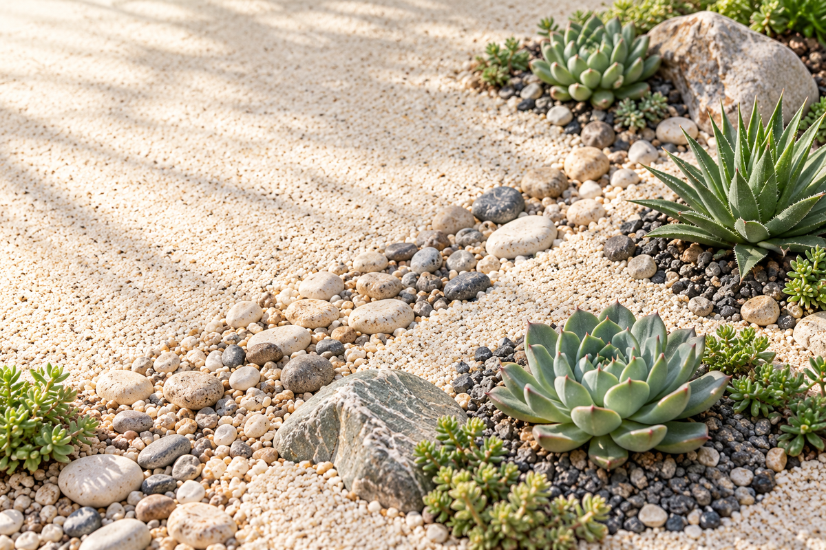 KI-Inspiration: Sukkulenten, heller Sand und ein Kieselband als kleine Küstenlandschaft.