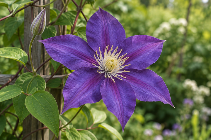 Detail einer violetten Clematisblüte als botanisches Beispiel.