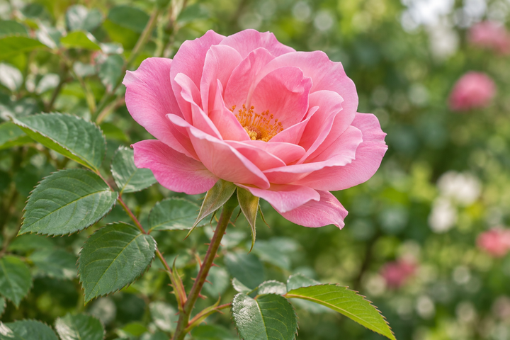 Detailansicht einer Rosenblüte mit Blütenblättern und Kelch.