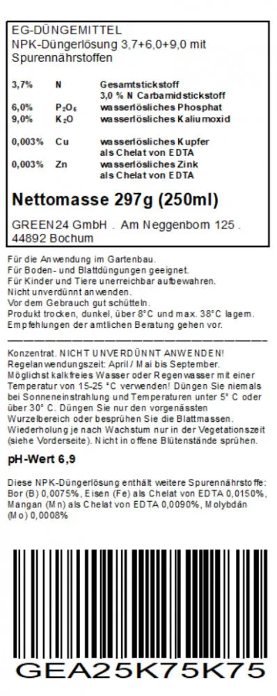 Geranien-Dünger – deutsches Rücketikett 250 ml