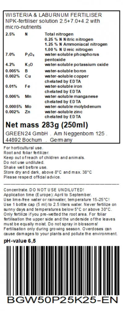 Blauregen- & Goldregen-Dünger – Rücketikett englisch (250 ml)
