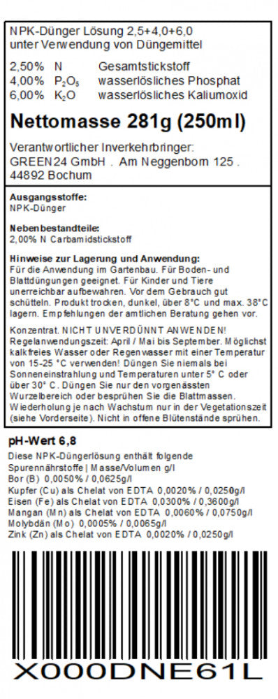 Originale Nährstoffdeklaration · 250 ml