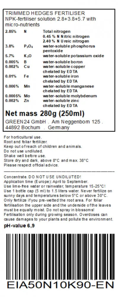 Eiben-Dünger – Rücketikett englisch (250 ml)