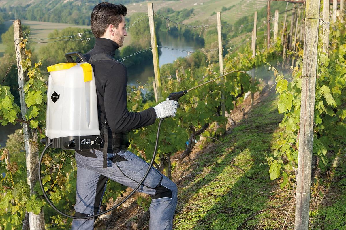 Person mit MESTO 3558 Rückenspritze und Sprühlanze zwischen Reben.