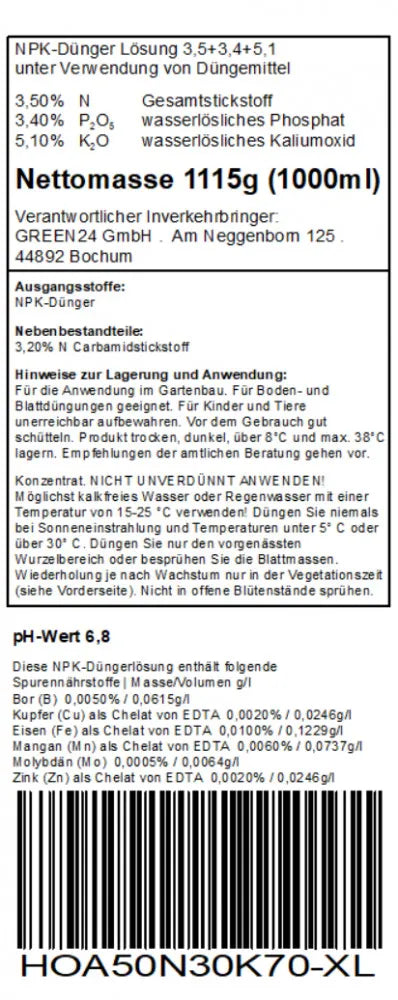 Hoya-Dünger – deutsches Rücketikett 1 Liter