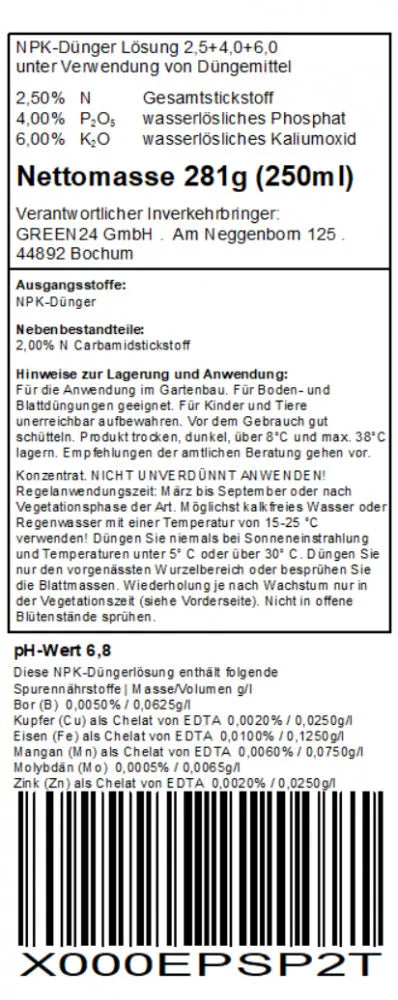 Cactus Fertiliser – German rear label (250 ml)