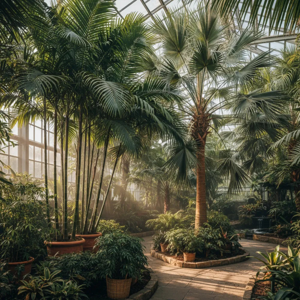 Feather and fan palms in a greenhouse
