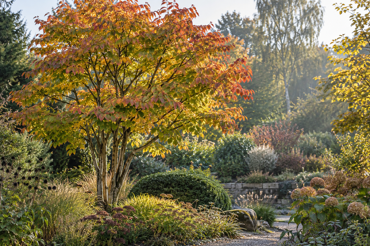 Mehrstämmiger Eisenholzbaum mit herbstlich gefärbtem Laub im Garten