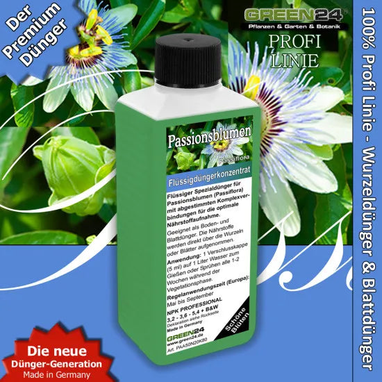 Passionsblumen-Dünger 250 ml vor Passiflora-Blüten