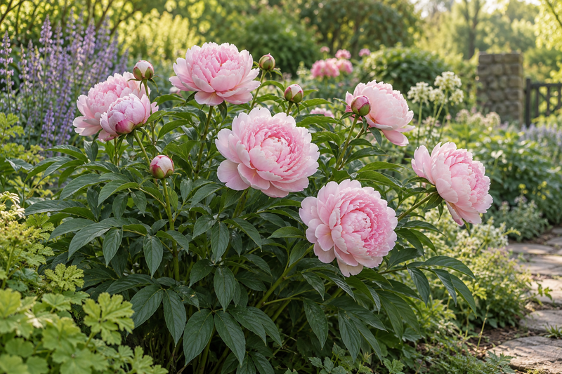 Rosa Pfingstrosen im sommerlichen Staudenbeet