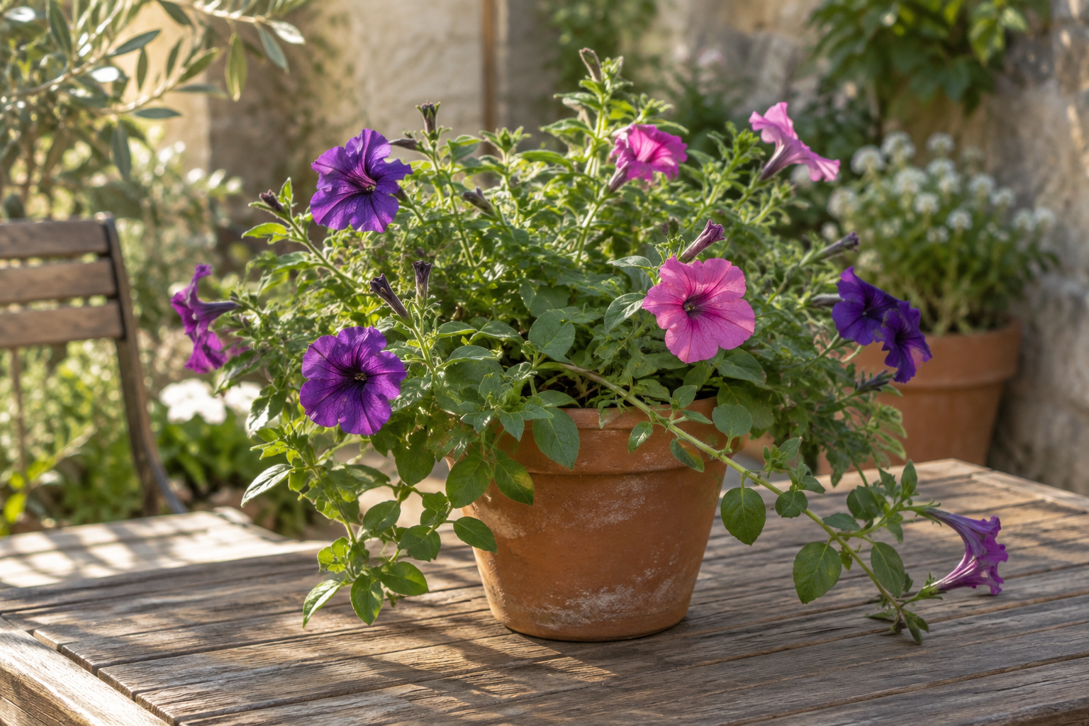 Petunias in a terracotta pot on a garden table