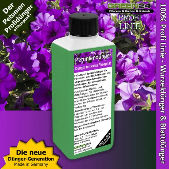 Petunien-Dünger 250 ml vor Petunienblüten