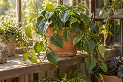 Philodendron hederaceum mit herzförmigen Blättern und hängenden Trieben