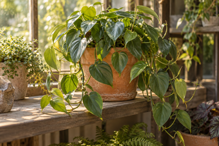 Philodendron mit herzförmigen grünen Blättern und hängenden Trieben