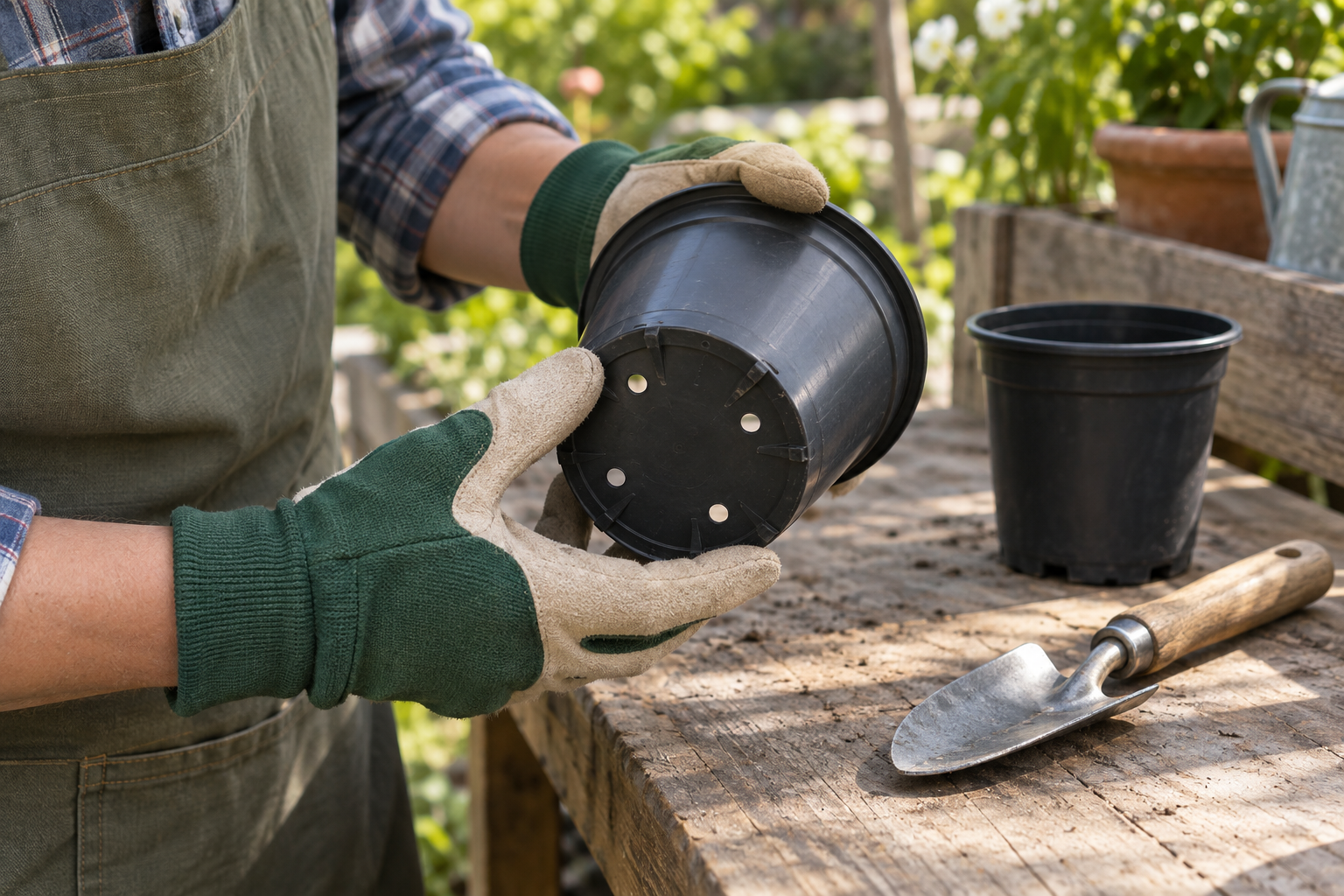 Checking drainage holes in an empty pot before repotting