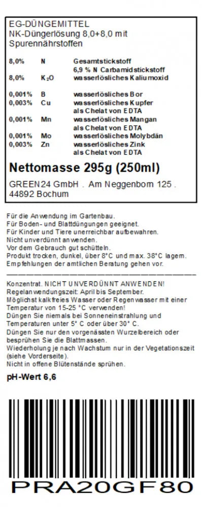 Protea-Dünger – vollständiges Original-Rücketikett NK 8+8
