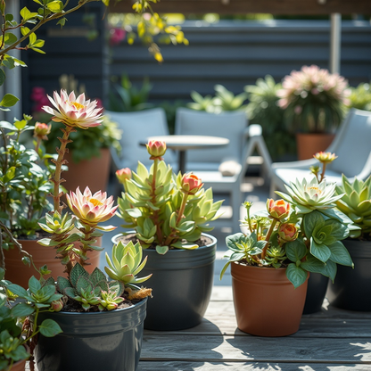 Blühende Sukkulenten in einer Gartenszene