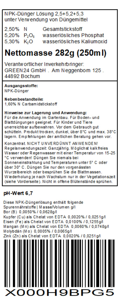 Deutsches Rücketikett des Orchideen-Düngers mit Zusammensetzung und Anwendungshinweisen