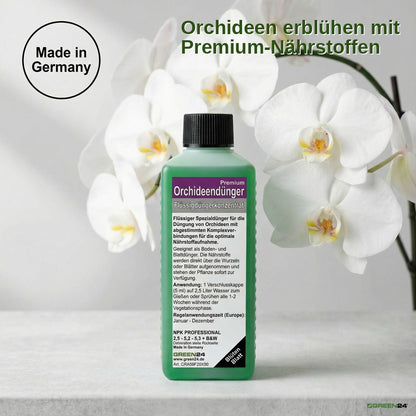 Orchideen-Dünger Premium vor weißen Orchideenblüten