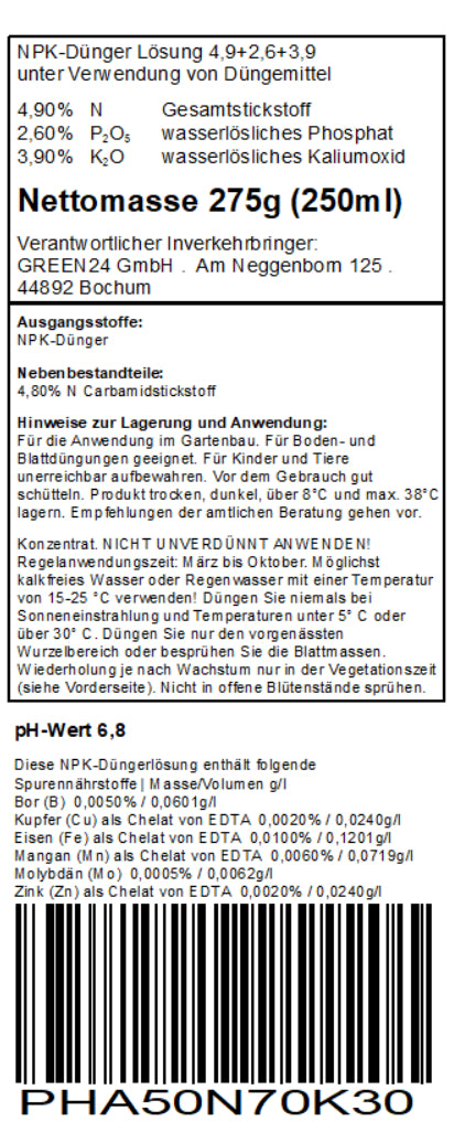 Deutsches Rücketikett des Monstera- und Philodendron-Düngers