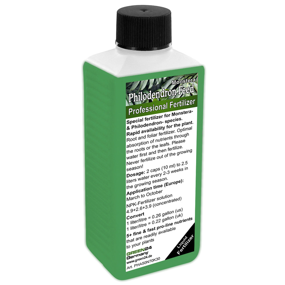 Monstera- und Philodendron-Dünger – Produktflasche mit englischem Etikett