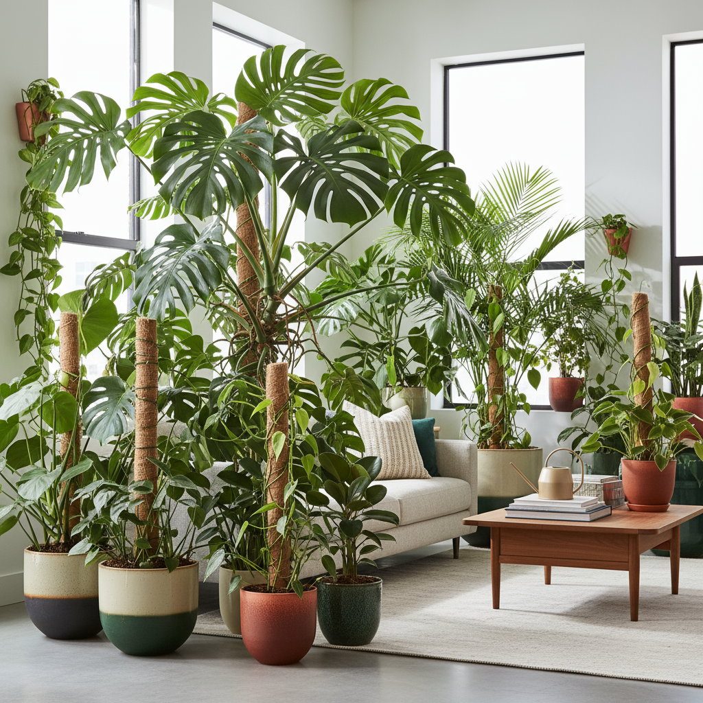 Große Monstera und weitere Grünpflanzen in einem Wohnraum