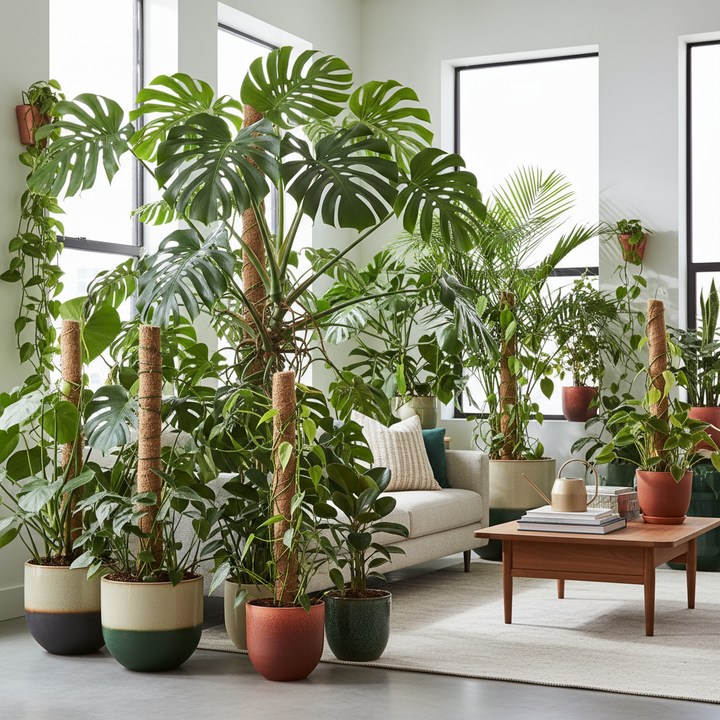 Große Monstera mit Rankstütze und weiteren Grünpflanzen im Wohnraum